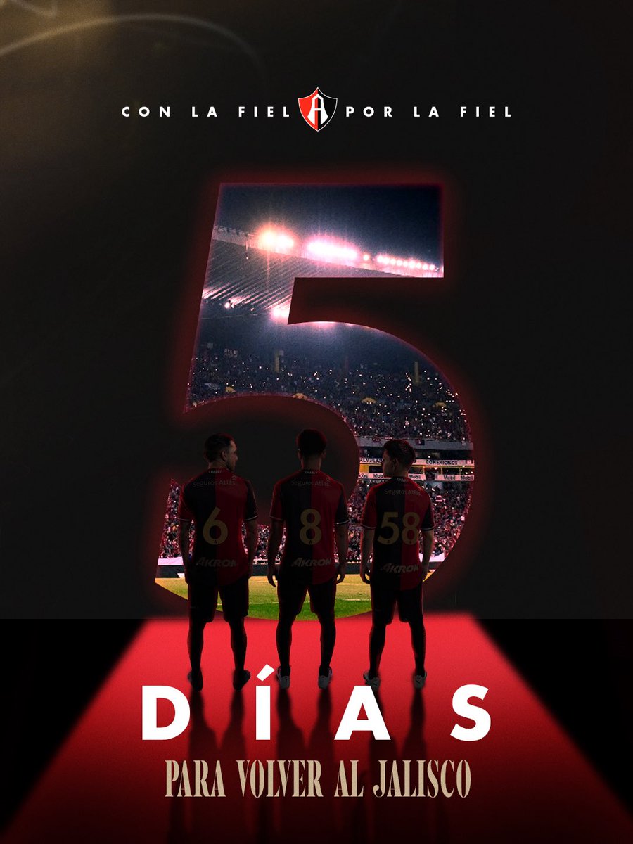 AtlasFC's tweet photo. CADA DÍA MÁS CERCA DE CASA. ❤️🖤

Faltan 5 días para volver al Jalisco. 🏟️

¿Están listos?

#ParaLaFielPorLaFielYConLaFiel https://t.co/57BQ9S836A