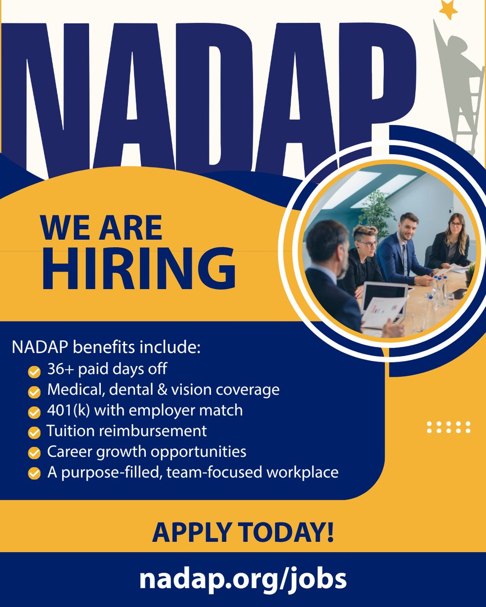 NADAP_org's tweet photo. We're Hiring at NADAP! Join a mission-driven team making a difference every day. Enjoy 36+ paid days off, medical, dental &amp; vision benefits, a 401(k) match, tuition reimbursement, and career growth opportunities. 

Apply today: https://t.co/5zfVxqc2H8 https://t.co/wzyxIIQFih