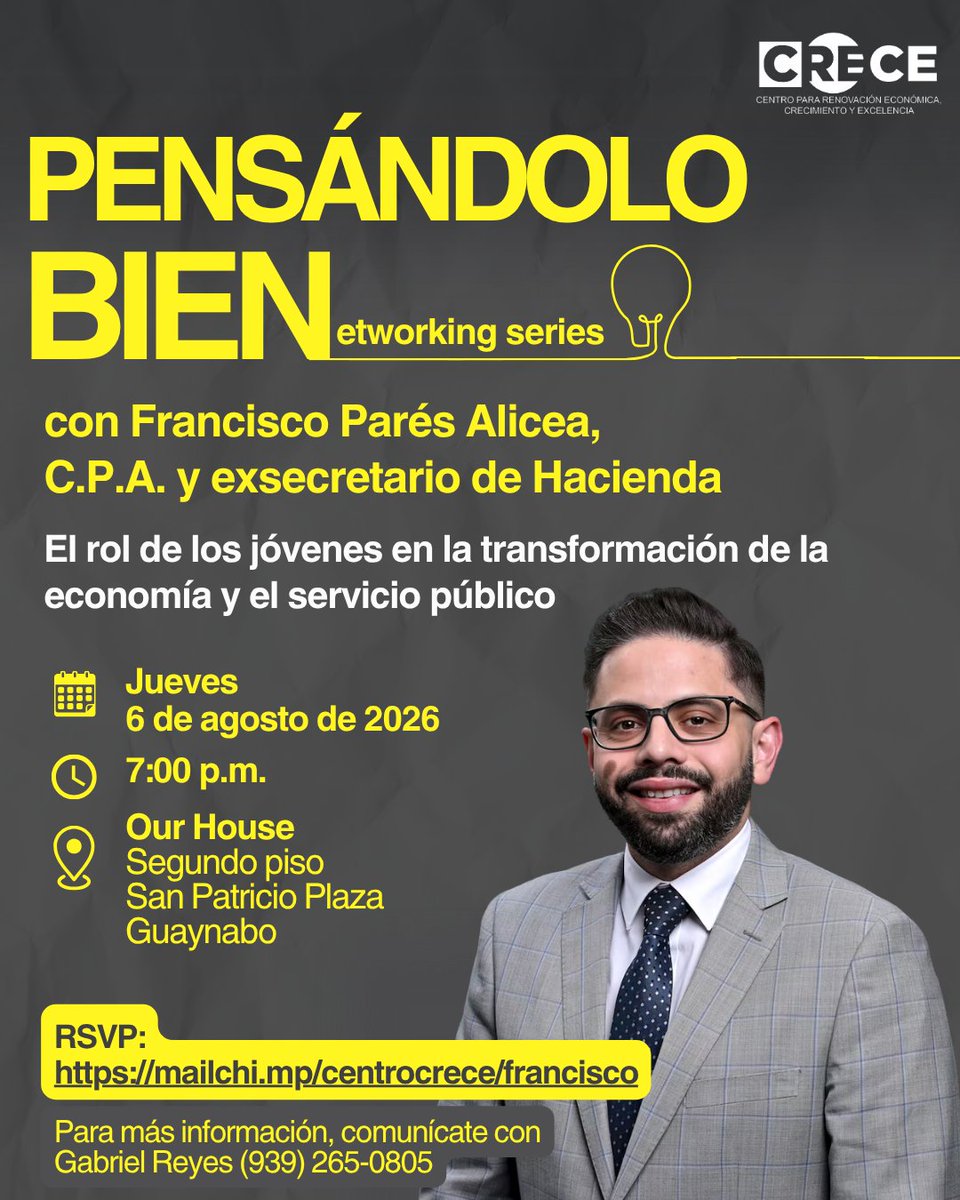 centrocrece's tweet photo. Te invitamos a Pensándolo Bien Networking Series: un espacio diseñado para jóvenes profesionales y empresarios que quieren entender cómo funciona realmente la economía y el servicio público en PR, y qué rol pueden jugar en su transformación. https://t.co/SHNd8nVijb https://t.co/TIypXlfbCh