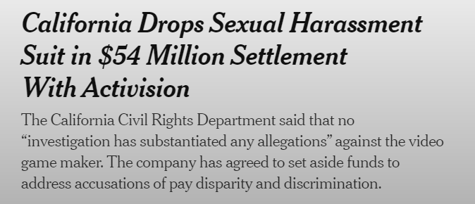 bumbadum14's tweet photo. Yes. All the allegations of wrong doing by Blizzard were FAKE and California admitted that after investigation they found no evidence of any harassment within Blizzard. https://t.co/0MRPVOghmb