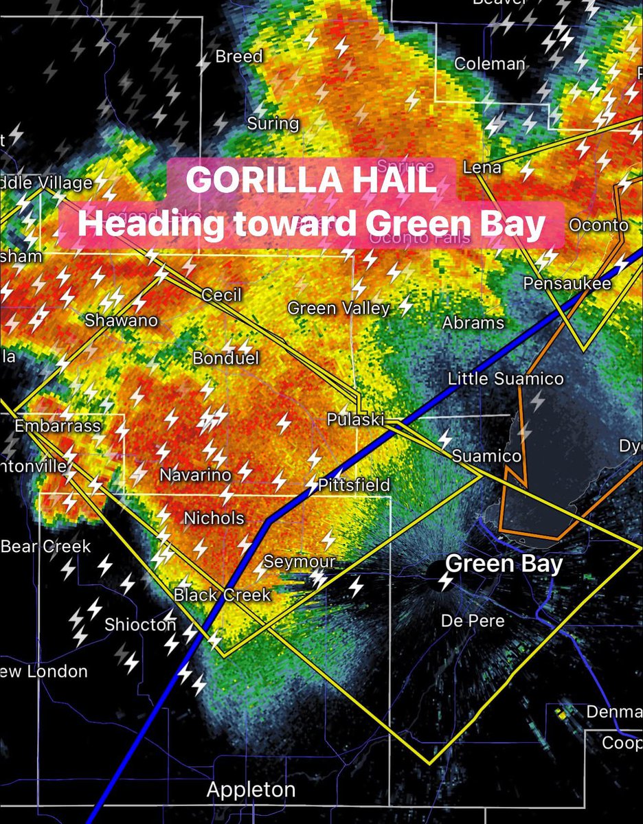 ReedTimmerUSA's tweet photo. GORILLA HAIL with vigorous supercell is heading toward Green Bay! Put on your cheesehead hats and save your rental cars! https://t.co/QHBoBsvtso
