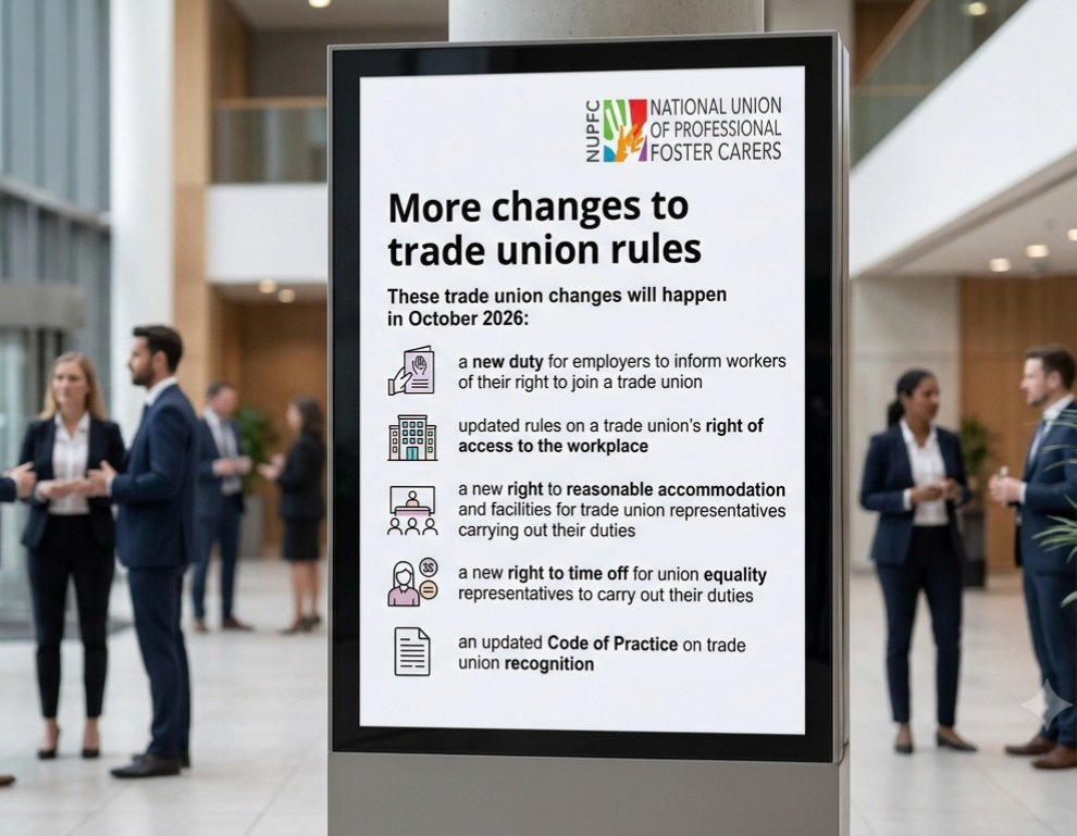 nupfc's tweet photo. In 3 months, LAs &amp; agencies must tell foster carers of their right to join a trade union. Failure: £75k fine, then £150k. Blocking union access? Penalties up to £500k. Know your rights.
Join us 👉 https://t.co/T6OKgWkPdy https://t.co/8yprEpzLXP