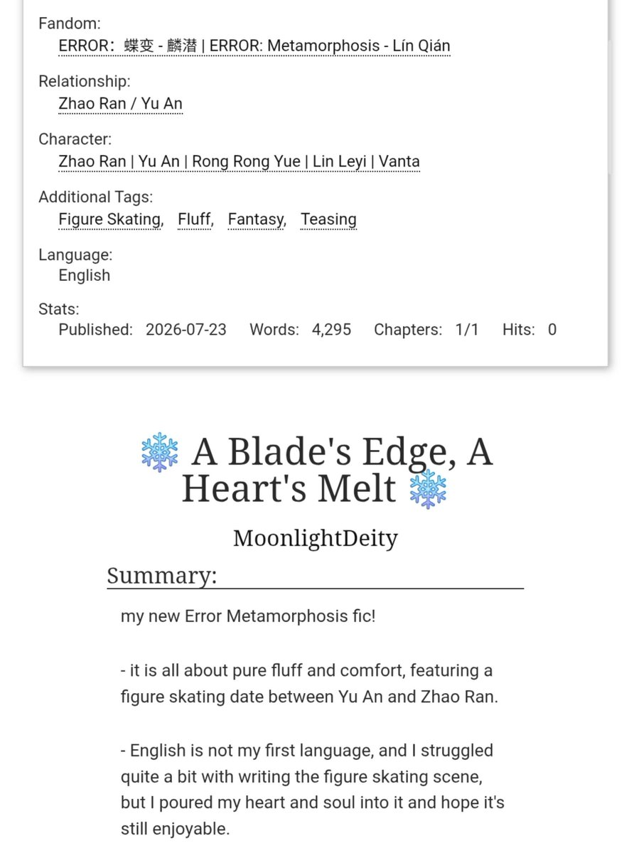 xiaoluyii's tweet photo. Another error metamorphosis fic is done 🥰🩷
https://t.co/jn2uJdVQ6f
— error: metamorphosis, Yu An / Zhao Ran
— 4,2k words | Fluff | Ranan Figure Skating Date
an idea i had for such a long time 💕
#蝶变 #ERROR蝶变 #errormetamorphosis https://t.co/ZHzHd2qSwv
