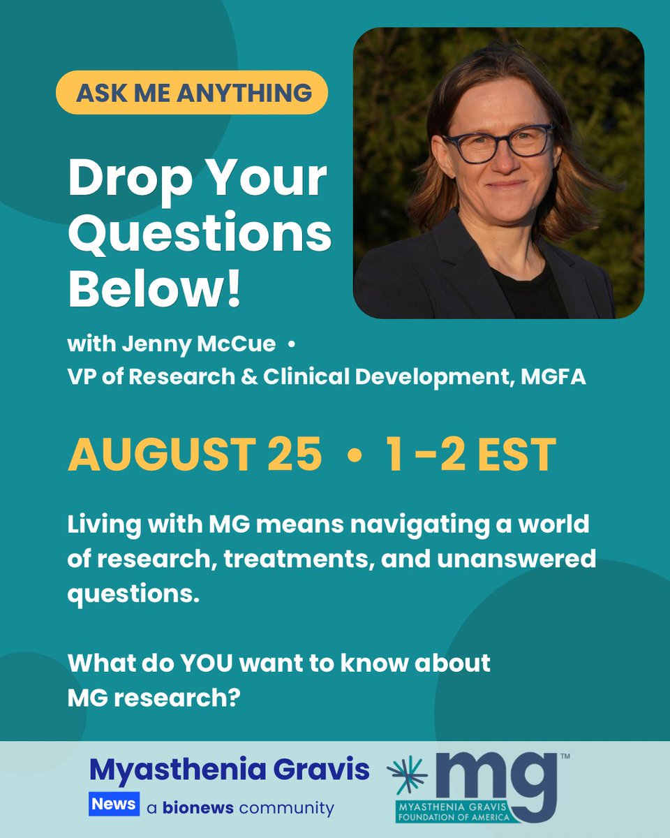 MyastheniaGNews's tweet photo. Register for our free @MyastheniaOrg MGFA AMA to ask your myasthenia gravis research questions and hear live answers in our forum: https://t.co/yXYoPlrSrh
#MyastheniaGravis #ClinicalTrials #MedicalResearch #MGFA #Bionews https://t.co/bJR1X8jEDI