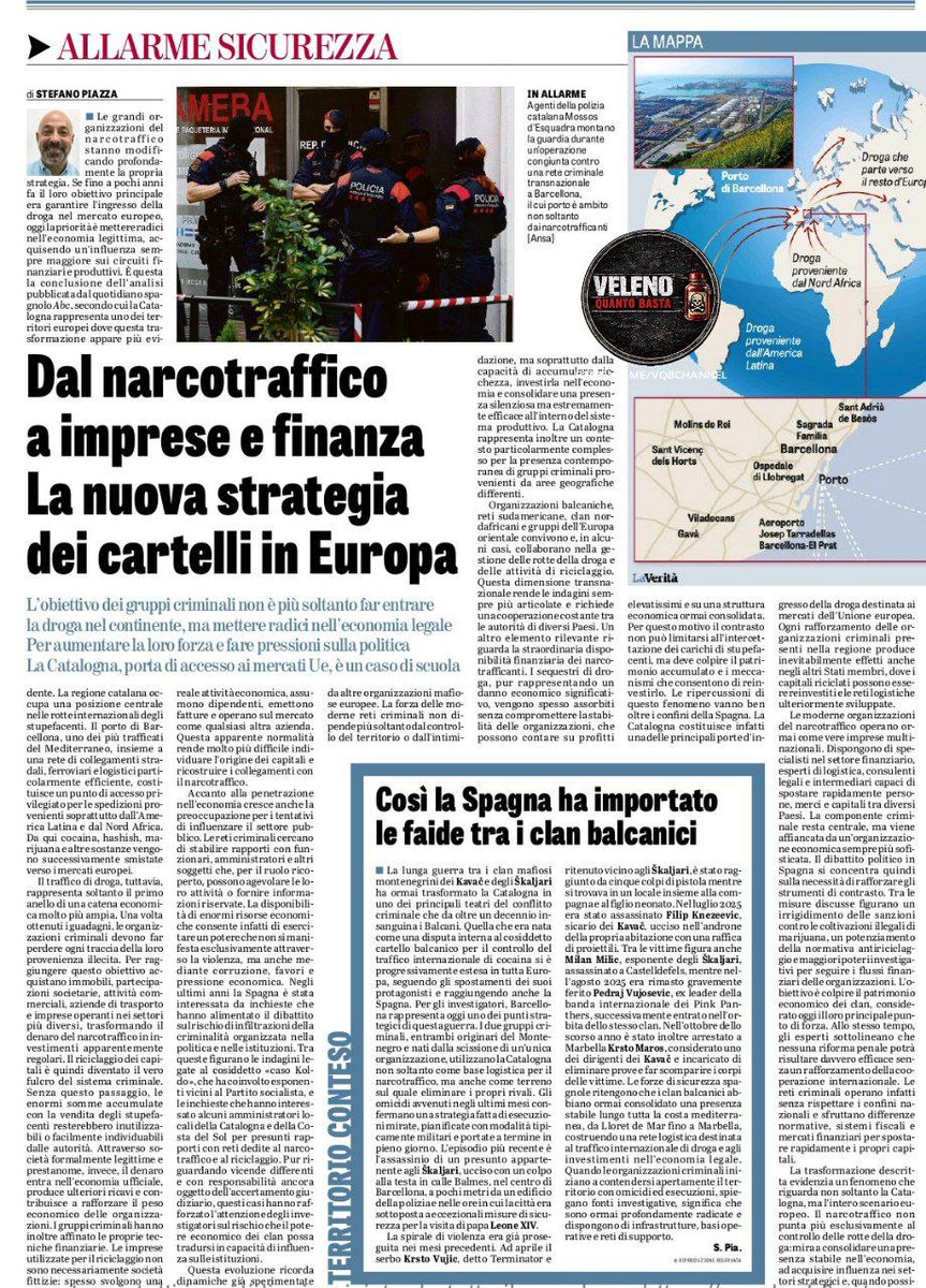 LadyAfro17's tweet photo. 27 luglio 2026, UE - Spagna
LA NUOVA STRATEGIA DEI CARTELLI IN EUROPA
(la Verità)
I cartelli criminali stanno cambiando pelle: dall'importazione di droga all'infiltrazione diretta nell'economia legale, nella finanza e nella politica europea.
Il caso #Catalogna
Il porto di #Barcellona è un punto di snodo centrale. Gruppi balcanici, sudamericani e nordafricani usano l'area per cooperare e riciclare i proventi illeciti tramite:
• Acquisto di immobili e attività commerciali
• Creazione di società di facciata e logistica
• Infiltrazione nei settori finanziari produttivi
La vera minaccia
Oltre alle faide violente tra clan, il pericolo principale è questo potere silenzioso. Le autorità spagnole stanno perciò orientando la risposta sul sequestro dei patrimoni e lo smantellamento delle reti finanziarie.
Un fenomeno in piena espansione che interessa l'intero continente.
#27luglio #UE #UUEE
#EurasiaNews #EU #Spagna
#Cataluña #Cartelli #Narcos
#Criminalità #Europa
https://t.co/MCFgqNpKSd