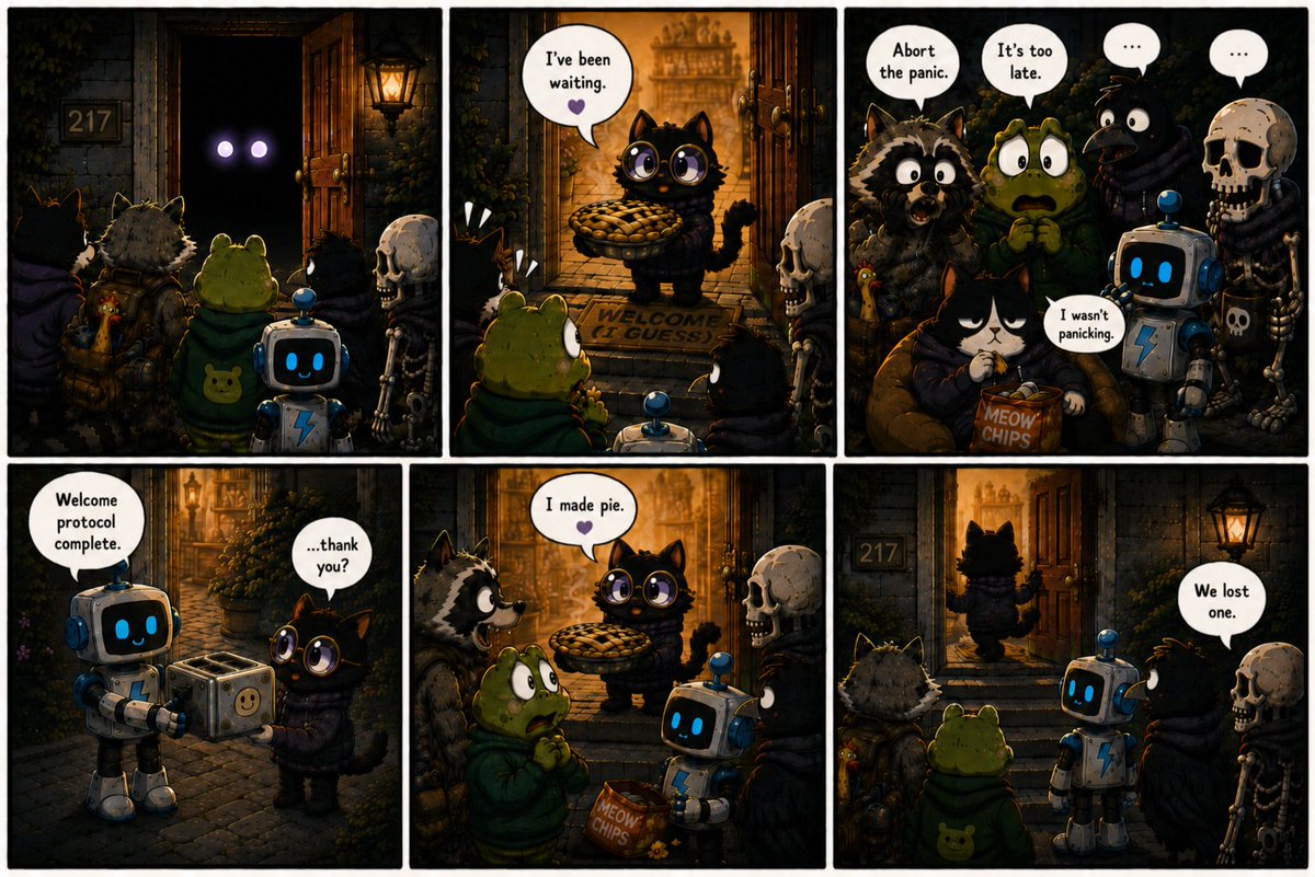 ThePanelHouse's tweet photo. The glowing eyes were terrifying.

The pie was unexpected.

Bandit going inside without hesitation? Completely predictable.

Would you trust the new neighbor—or leave Bandit to deal with it alone? 👀🥧

Comic #2: We Lost One #ComicStrip #Webcomic #AIComics https://t.co/FeJjgdOr75