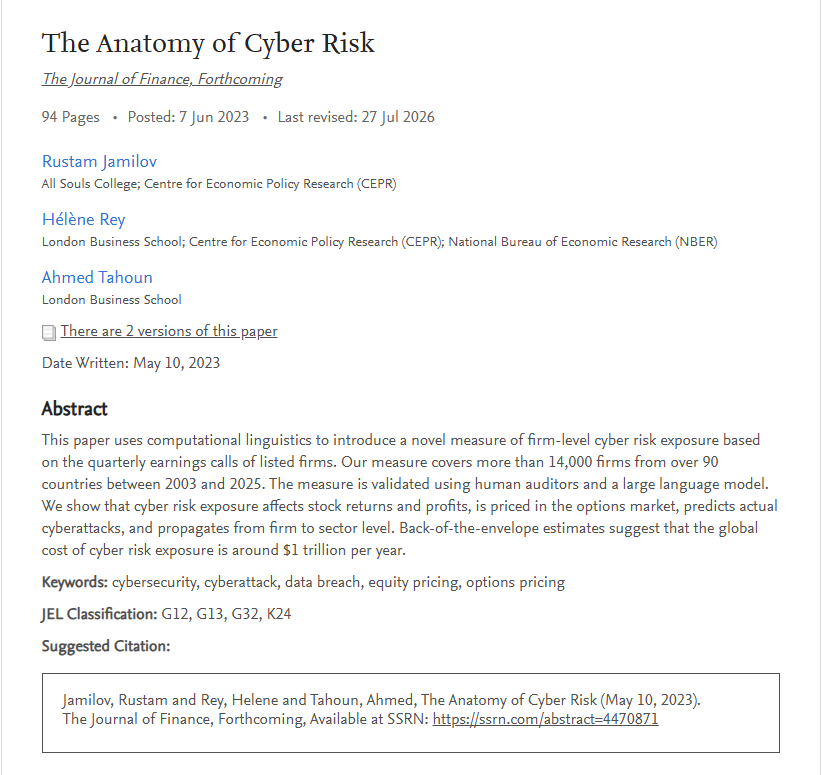 RustamJamilov's tweet photo. The Anatomy of Cyber Risk (with Hélène Rey @helene_rey  and Tahoun Ahmed) is now accepted and forthcoming at the Journal of Finance @JofFinance.

Paper link: https://t.co/t7NlXSFsli
Firm-level cyber risk exposure data: https://t.co/NgkNaKlmhd https://t.co/b903WMDiIU