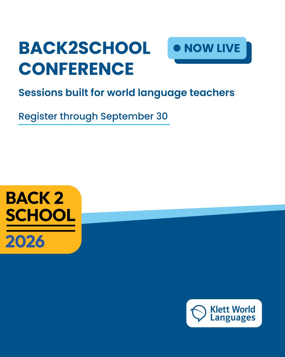 KlettWL's tweet photo. It's live! 🎉

The Back2School Conference is underway, and there's still time to join us. Registration stays open through September 30.

Register here: https://t.co/otmLgDjGtn

#WorldLanguages #Back2School #LanguageTeachers #TeacherPD https://t.co/XM4Abzm0qU