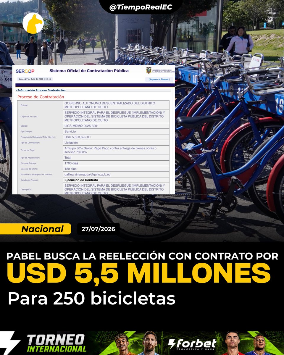 TiempoRealEC's tweet photo. 🚨 #ATENCIÓN || Pabel busca la reelección con contrato por USD 5,5 millones para el sistema de bicicletas públicas en Quito

🚲 El Municipio de Quito, liderado por Pabel Muñoz, mantiene en ejecución un proceso de contratación por un presupuesto referencial de USD 5.553.625 (sin IVA) para el “Servicio integral para el despliegue (implementación) y operación del Sistema de Bicicleta Pública del Distrito Metropolitano de Quito”, de acuerdo con la información publicada en el portal del SERCOP.

💰 En redes sociales han surgido cuestionamientos que señalan un presunto sobreprecio y vinculan la contratación con la intención del alcalde Pabel Muñoz de impulsar proyectos de alto impacto para buscar la reelección en las elecciones seccionales de noviembre de 2026.

🏙️ El sistema de bicicleta pública funciona en Quito desde 2012 y ha pasado por distintas etapas de operación y modernización. Este nuevo contrato incluiría la compra de 250 bicicletas.  

⚖️ Hasta el cierre de esta publicación, el Municipio de Quito no había emitido una respuesta específica sobre las críticas relacionadas con un supuesto sobreprecio. De confirmarse denuncias formales, corresponderá a los organismos de control determinar si existieron o no irregularidades en la contratación.

✅ #TiempoRealPlus #VivimosHistorias #Quito #PabelMuñoz #SERCOP #Bicicletas #ContrataciónPública #MunicipioDeQuito #Elecciones2026 #ÚltimaHora