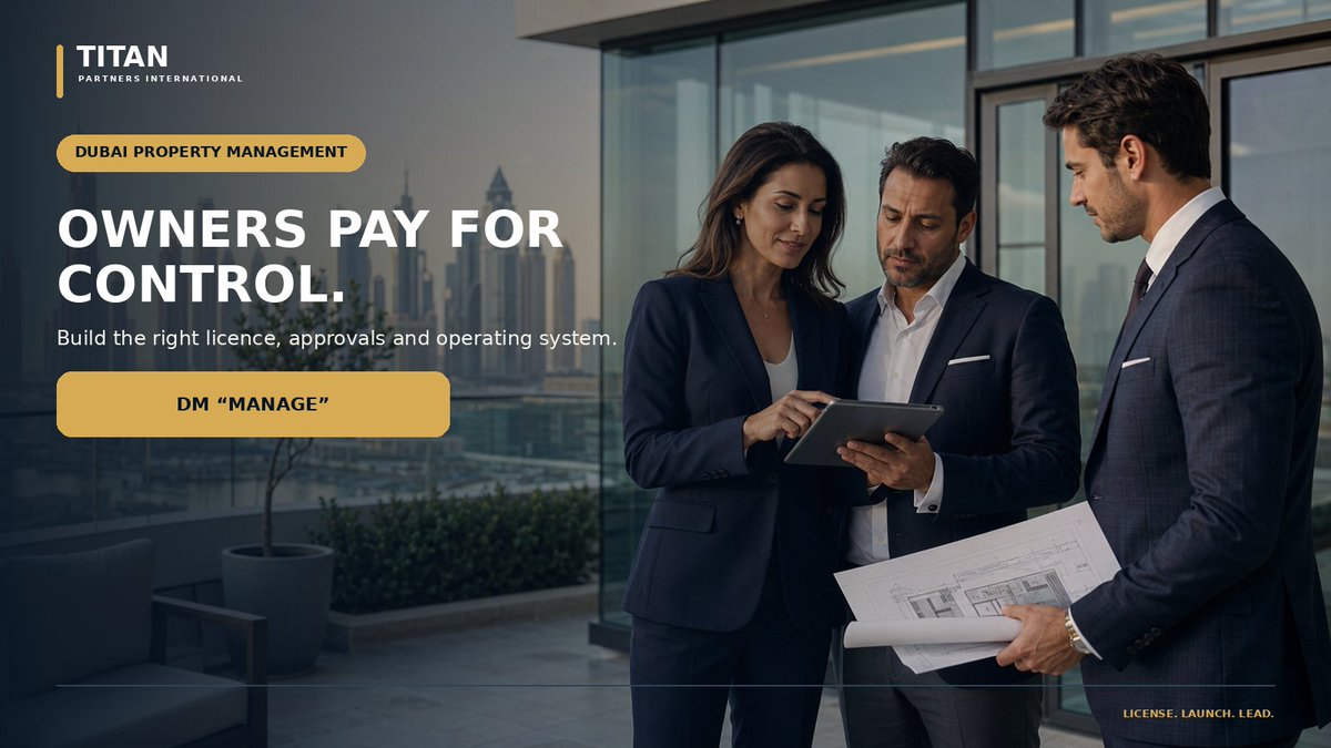 Titanpartnersin's tweet photo. A Dubai property management company is not a rent spreadsheet plus a maintenance WhatsApp group.
 
Build the right licence, approvals, and operating system before you manage property for clients.
 
DM “MANAGE”.
 
#DubaiRealEstate #PropertyManagement https://t.co/uiJ09kCBXK