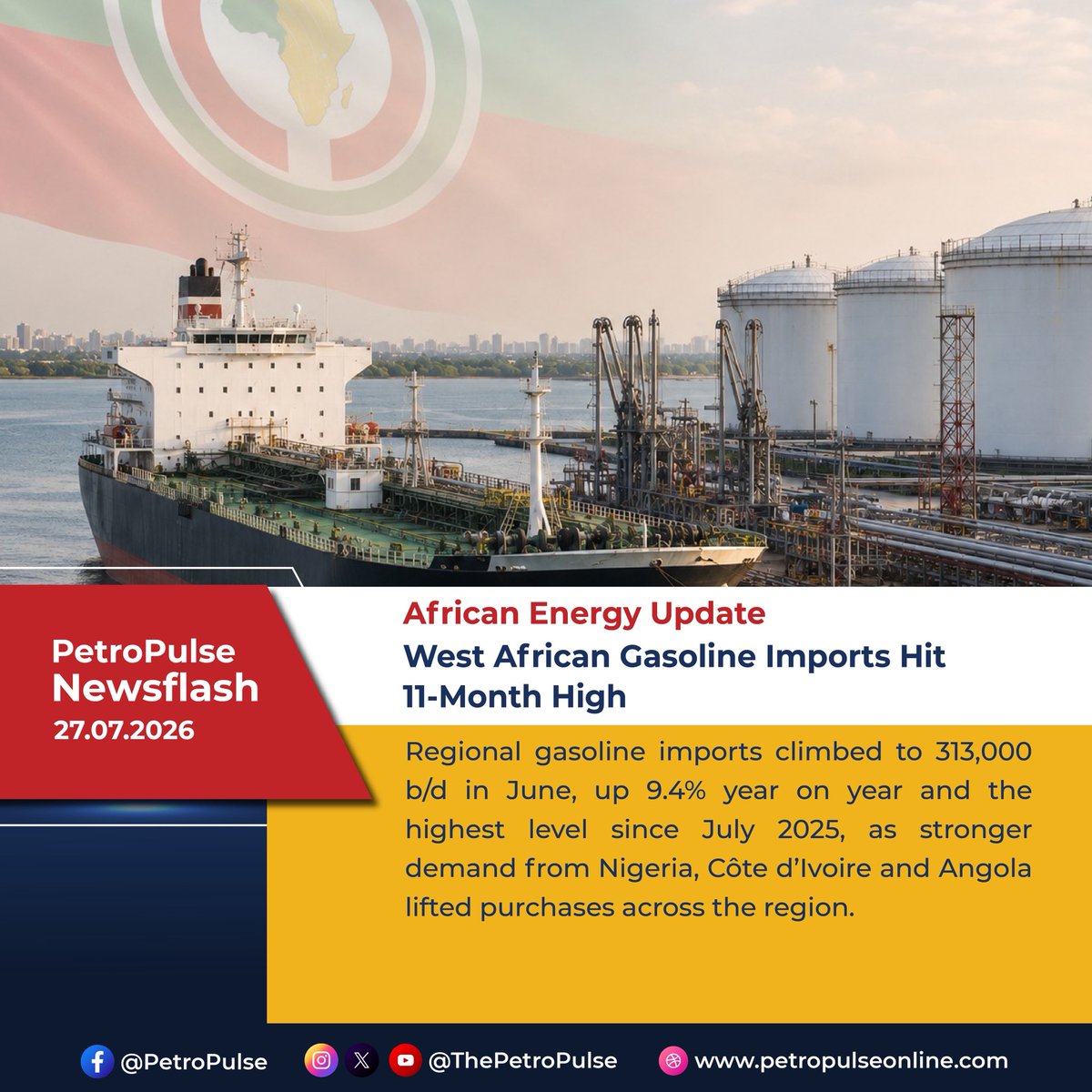 ThePetroPulse's tweet photo. #AfricanEnergyUpdate | West Africa Fuel Imports Surge as Refinery Ambitions Accelerate

Gasoline imports into West Africa rose sharply in June as marketers exhausted Q2 permits, with Saudi Arabia ramping up deliveries. Nigeria issued fresh clean product permits for July–September to ease shortages (totaling over 800,000 tonnes of gasoline).