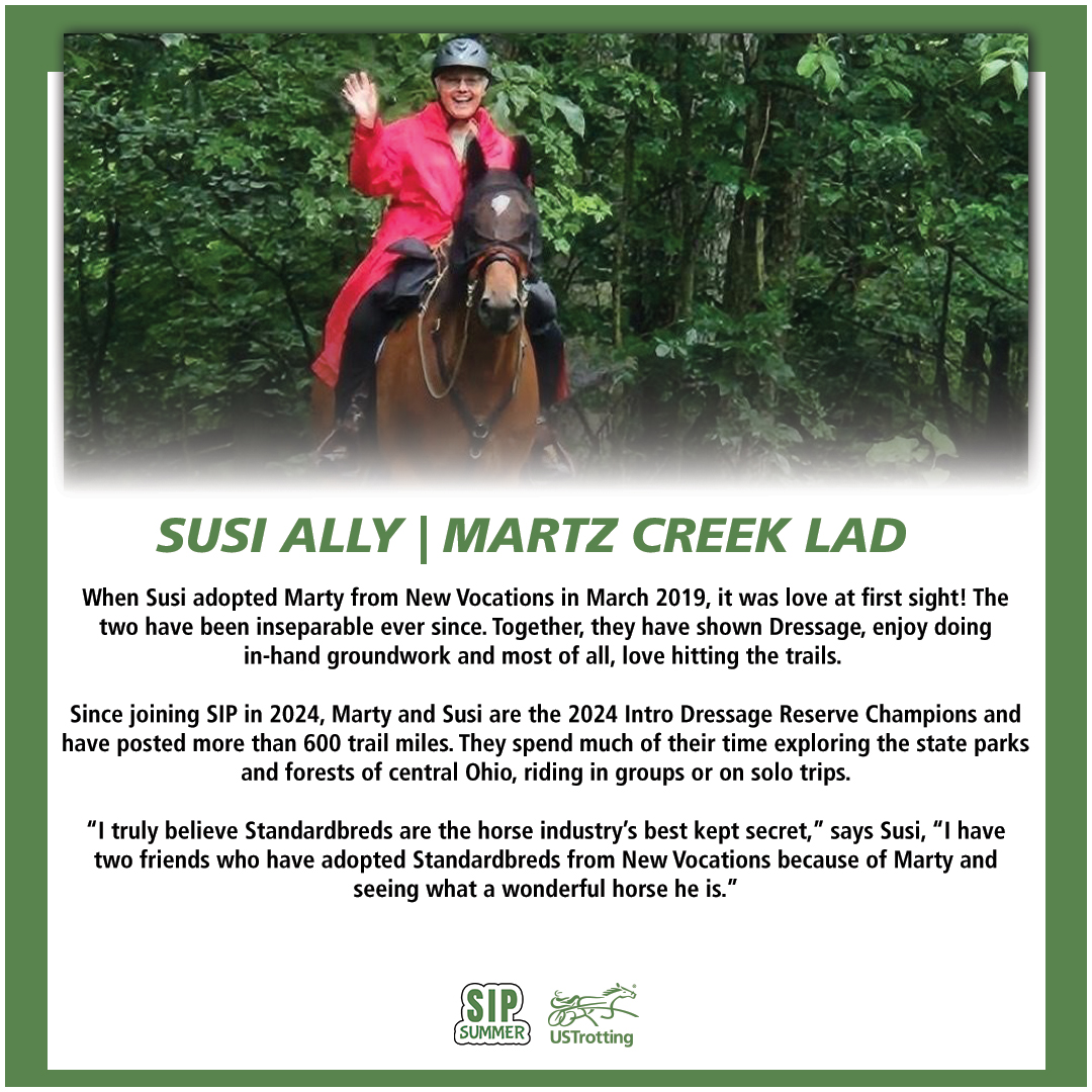 USTrotting's tweet photo. The next SIPSummer profile is Trail Maverick Susi Ally and her Standardbred, MARTZ CREEK LAD! #standardbreds #SIPSummer
Learn more about the SIPSummer program: https://t.co/MtGIEuqqEP https://t.co/O7Tx99PIrg