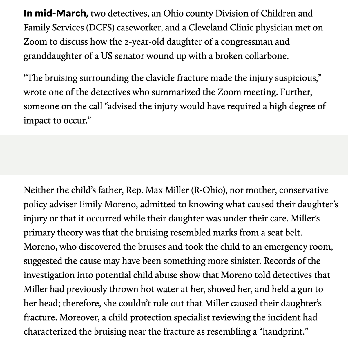 Ike_Saul's tweet photo. According to newly released court filings and allegations, Rep. Max Miller (R-OH), son-in-law of Sen. Bernie Moreno (R-OH), poured hot water on his wife, put a gun to her head, and may have broken his two year old daughter's collarbone. https://t.co/5v1mrV3GBk