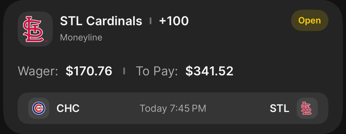 EricGamblezz's tweet photo. 🪜LADDER CHALLENGE🪜
$10➡️$10,000 IN 10 PLAYS💰

Play 1: $10➡️$19.48✅
Play 2: $19.48➡️$39.74✅
Play 3: $39.74➡️$85.38✅
Play 4: $85.38➡️$170.76✅

- PLAY 5 -
⚾️ STL Cardinals ML
(+100) $170.76➡️$341.52

THE CLIMB CONTINUES🚀
Get The Bet In, Here We Go🤑
#GamblingX #LadderChallenge