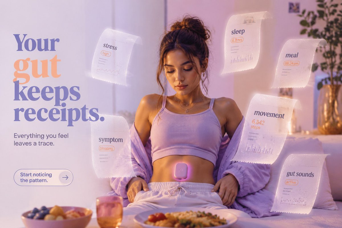 Nevil357633's tweet photo. Your gut keeps receipts.

Stress. Sleep. Meals. Movement. Symptoms.
Everything you feel leaves a trace.

ANTRAM is building a tiny patch for gut patterns you usually miss.

Founder Batch 001 is opening soon.

Listen within. https://t.co/qCDseaPbcl