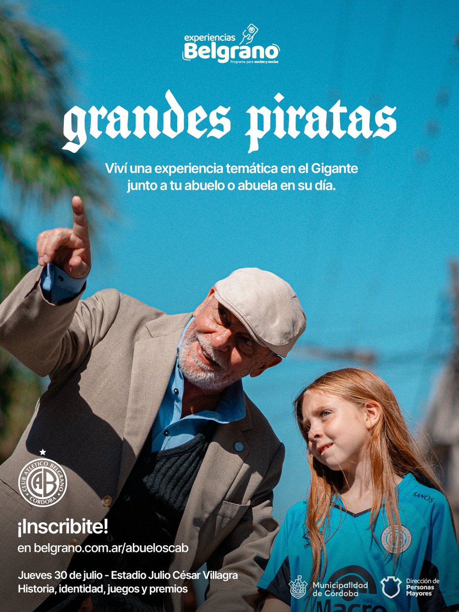 Belgrano's tweet photo. 👵 GRANDES PIRATAS 👴

Este jueves 30/7, celebramos el Día de los Abuelos y las Abuelas con una #ExperienciaBelgrano temática en el Gigante.

🏴‍☠️ Si sos socio o socia, inscribite y vení con tu abu: https://t.co/a9BHslo1We

Una jornada para homenajear a quienes transmitieron, generación tras generación, el amor por estos colores 🩵