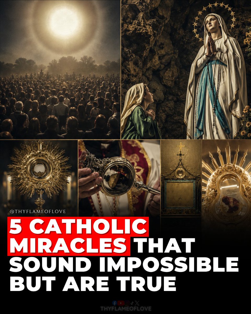 thyflameoflove's tweet photo. 5 Catholic Miracles That Sound Impossible But Are True

1. The Miracle of the Sun at Fatima
→ In 1917, over 70,000 people gathered in Fatima, Portugal, witnessed the sun appear to move in the sky. Many reported it spinning, changing colors, and seeming to fall toward the earth before returning to its place. Believers and skeptics alike saw it, and the event was widely reported and documented.

2. The Healings at Lourdes
→ Since Our Lady appeared to Saint Bernadette in 1858, Lourdes, France, has become known for physical healings. Over 7,000 cures have been recorded. After strict medical and Church investigations, 70 healings have been officially recognized as miracles because they cannot be explained by science.

3. The Eucharistic Miracle of Lanciano
→ In the 8th century, a priest who doubted the Real Presence saw the consecrated Host turn into visible flesh and the wine into blood during Mass. The flesh and blood still exist today and have been scientifically studied. They are kept at the Church of San Francesco in Lanciano.

4. The Blood of Saint Januarius
→ The dried blood of Saint Januarius, a bishop and martyr who died around 305 AD, is kept in Naples. Several times a year, the solid blood liquefies during public prayer. Scientists have studied the phenomenon, but no explanation has fully accounted for it.

5. The Blood Type Found in Eucharistic Miracles
→ In multiple investigated Eucharistic miracles, the flesh has been identified as human heart tissue, and the blood type has consistently been AB. This same blood type has been found on other relics associated with Christ, pointing to a striking consistency across time and place.