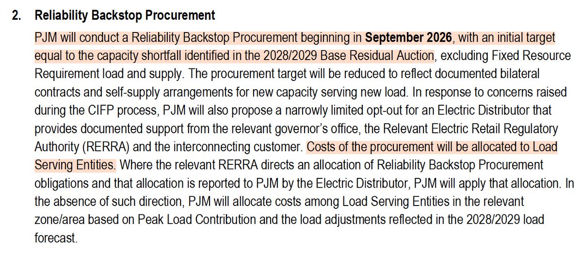 aniruddh_mohan's tweet photo. NEW: PJM Board releases FINAL decisions on large load curtailment, backstop procurement

- ALL new large loads from June '27 must BYOG OR face curtailment in tight conditions (new Interim RA Service, (previously called Connect & Manage) 
- Curtailment would happen BEFORE capacity demand response resources called upon 
- Reserve backstop in Sept '26 net of bilaterals, $$ for backstop procurement allocated to load serving entities >> ratepayers potentially on the hook, all eyes on States
- New large loads to be EXCLUDED from capacity auction from 29/30 onwards, ratepayers will not be paying capacity costs for those