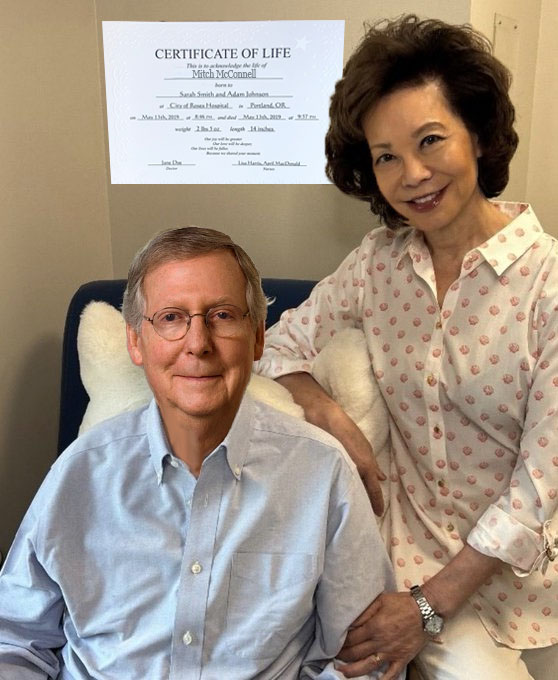 ShitzN_Giggles's tweet photo. Proof of life photo of Mitch McConnell released today. If it wasn't for the Certificate, I'd call BS. https://t.co/USoZXRLcUf