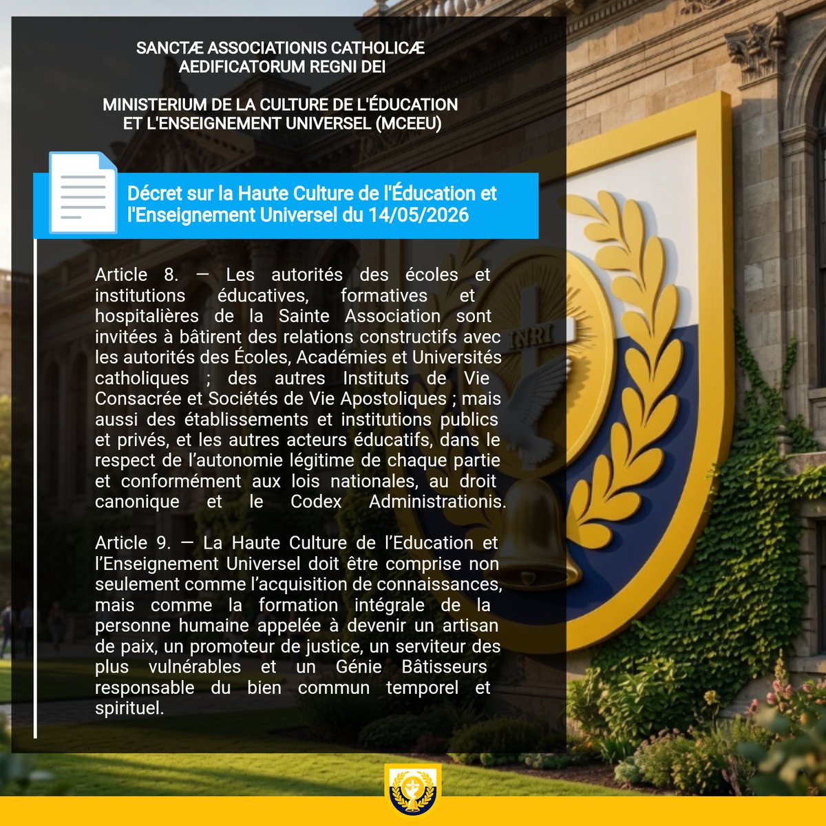 mceeu_acbrd's tweet photo. _
SYSTÈME ÉDUCATIF DE LA SAINTE ASSOCIATION

📄 Décret disponible dans le Pandectae Altae Culturae Educationis et Magisterii Universalis. Lecture et lien de téléchargement ➡️ https://t.co/IpXOo3KiDT https://t.co/HniRsLX3Mx