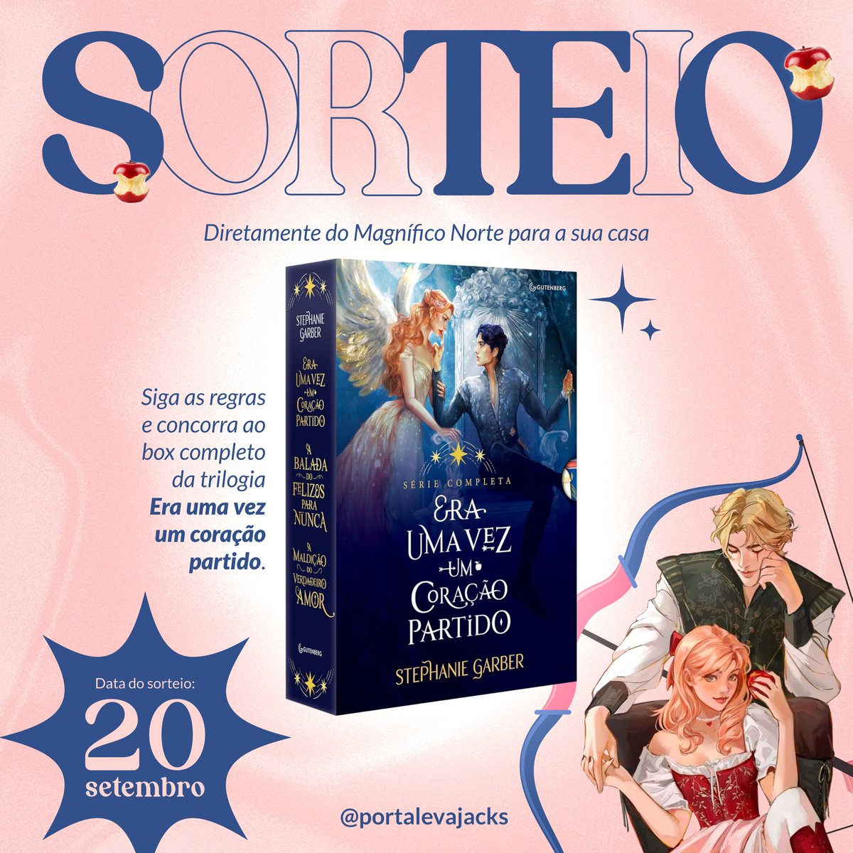 portalevajacks's tweet photo. ✨️ SORTEIO ✨️ do Magnífico Norte 

Em comemoração ao lançamento da novela Evajacks, vamos presentear um de vocês com o box da trilogia Era Uma Vez Um Coração Partido 🍎

Para concorrer, siga as regras: 
• Seguir nosso perfil
• Dar RT e marcar um amigo nos comentários
• Entrar no canal do telegram: https://t.co/JM5lPw8Wln

O sorteio será realizado no dia 20 de setembro. BOA SORTE a todas as raposinhas 🦊