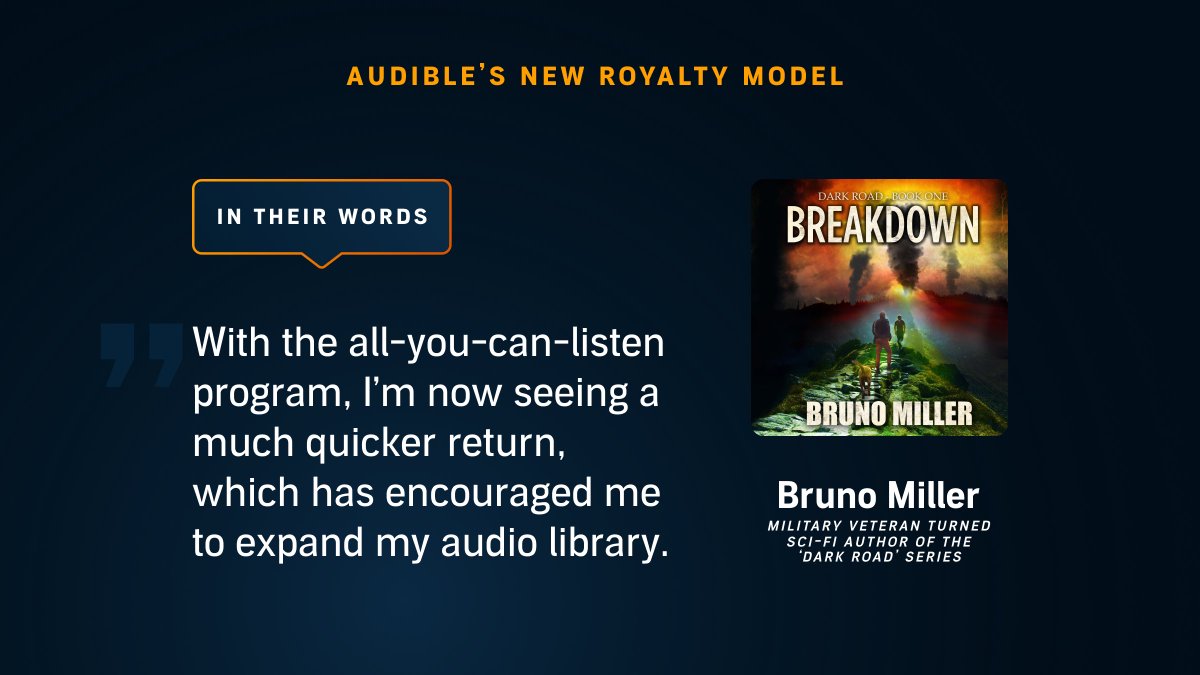 AudibleACX's tweet photo. Expanded catalog and more new titles coming—that’s how the new royalty model is helping creators like Bruno grow their audiobook catalogs. 

Enroll today: https://t.co/cYAmVAPBhg https://t.co/ovsOMBwxTC