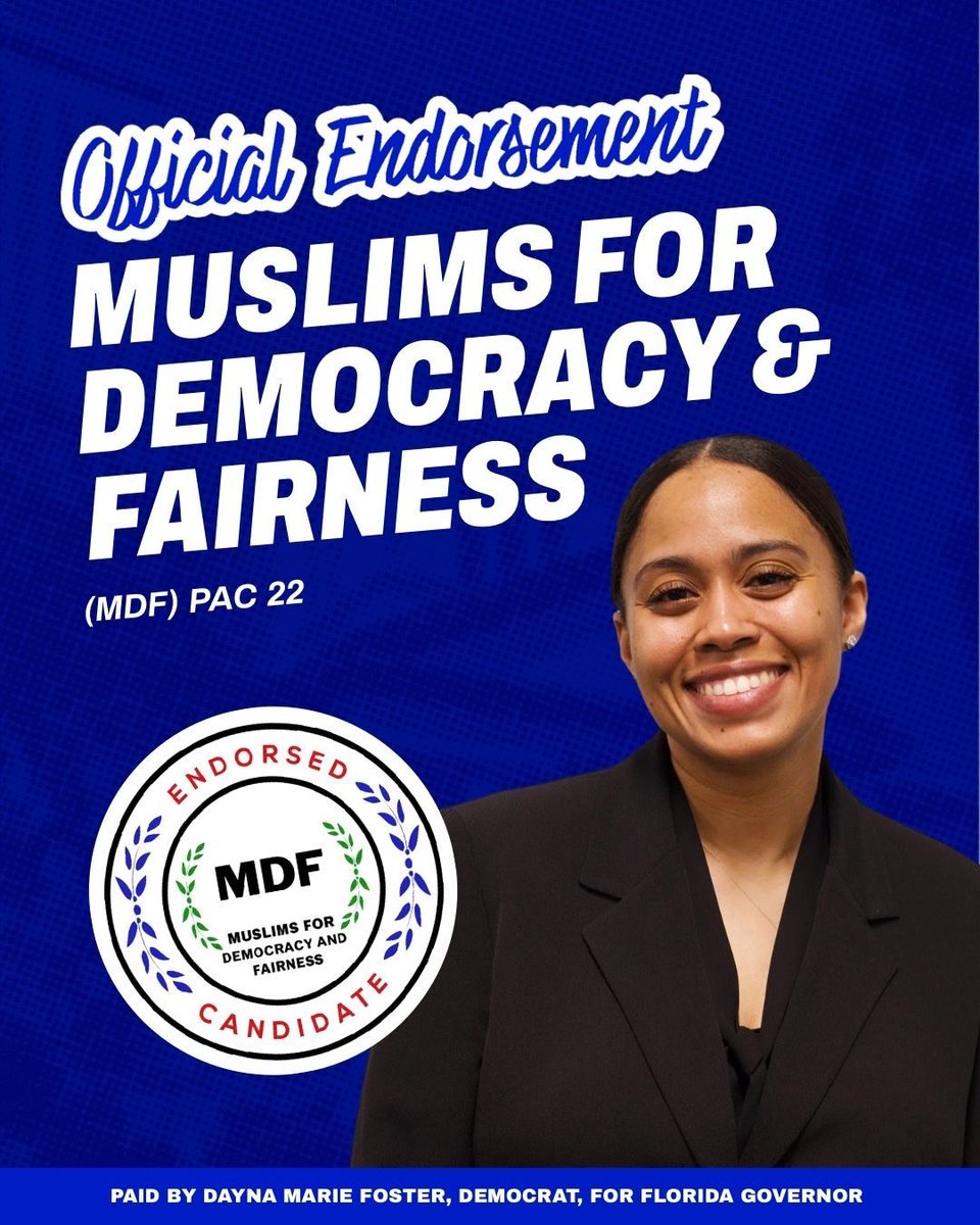 foster4florida's tweet photo. Dayna Marie Foster is proud to be endorsed by The Muslims for Democracy &amp; Fairnes! She is committed to leading with fairness, accountability, and respect for every Floridian.🎉

#FosterForFlorida #DaynaMarieFoster #Endorsement #FloridaGovernor #BlueFlame🔵🔥 https://t.co/LcEhWHENoV