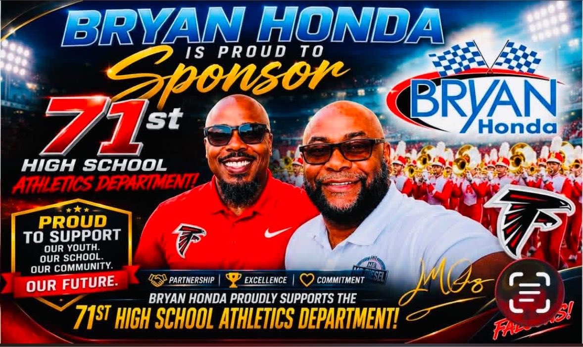 thereal71sports's tweet photo. Thank you, Bryan Honda, for being a proud and committed sponsor of the Seventy-First High School Athletics Department! We are honored to have them support our student-athletes, coaches, and the entire Falcon community.
#Go71stFalcons
#SeeRED
@71sthighccs https://t.co/nadmlXZ5QE