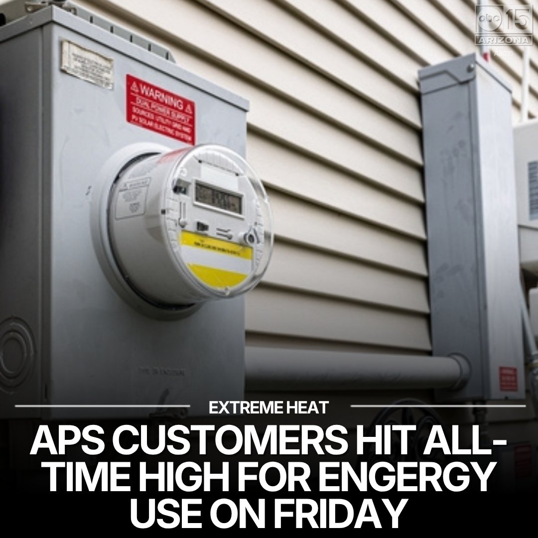 abc15's tweet photo. As extreme summer temperatures continue to bake the state, APS says its customers set a new all-time record for energy consumption last week. https://t.co/5POR7JOYJr https://t.co/4UGDUjxJyz