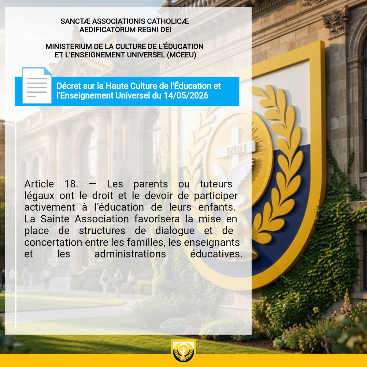 mceeu_acbrd's tweet photo. _
SYSTÈME ÉDUCATIF DE LA SAINTE ASSOCIATION

📄 Décret disponible dans le Pandectae Altae Culturae Educationis et Magisterii Universalis. Lecture et lien de téléchargement ➡️ https://t.co/IpXOo3KiDT https://t.co/RzI7ILzsCL