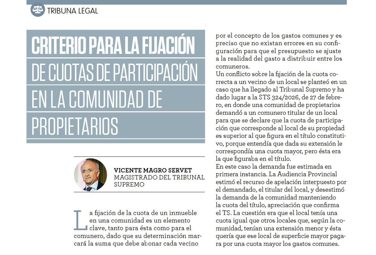 CAFMadrid's tweet photo. ⚖️ Criterio para la fijación de cuotas en la comunidad de propietarios. Por Vicente Magro Servet, magistrado del Tribunal Supremo, para la revista de los #AFColegiados

👇 ¡Descarga y comparte!
https://t.co/fnWIIdoSFN https://t.co/KK0zpJkaiQ