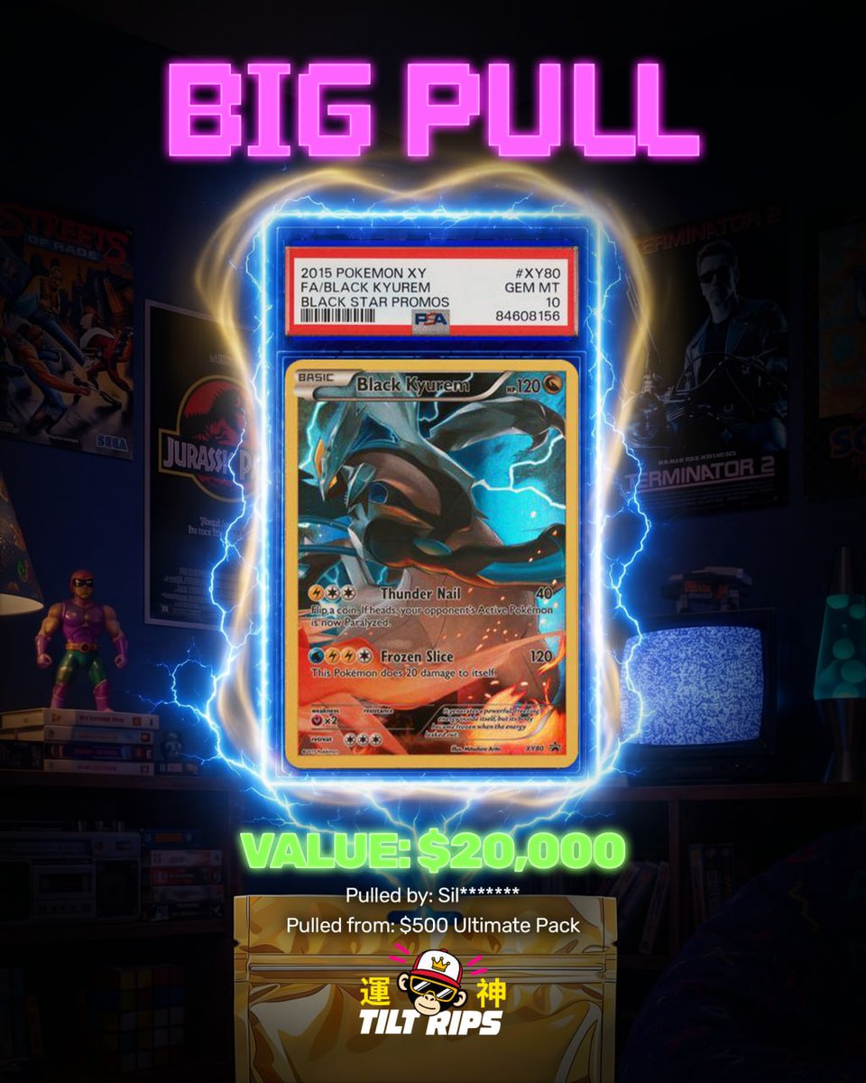 TiltRips's tweet photo. Someone pulled the pop 10 PSA 10 Black Kyurem valued at $20,000 from a $500 Pokémon Ultimate Pack 🔥 https://t.co/Ad0qCCHESm