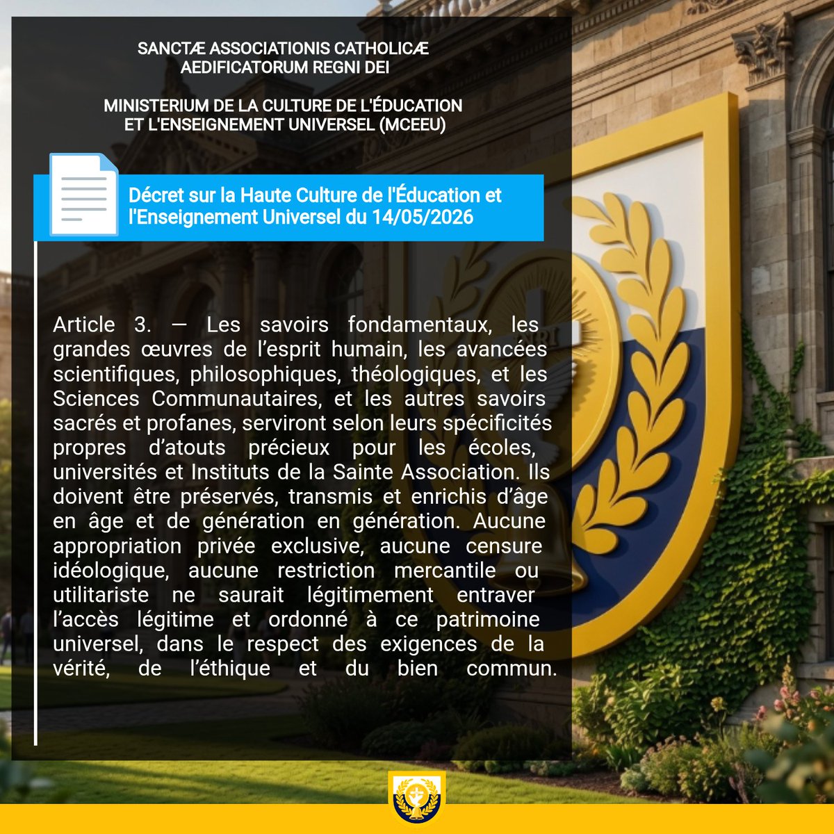 mceeu_acbrd's tweet photo. _
SYSTÈME ÉDUCATIF DE LA SAINTE ASSOCIATION

📄 Décret disponible dans le Pandectae Altae Culturae Educationis et Magisterii Universalis. Lecture et lien de téléchargement ➡️ https://t.co/IpXOo3KiDT https://t.co/BHQwWWjJQB