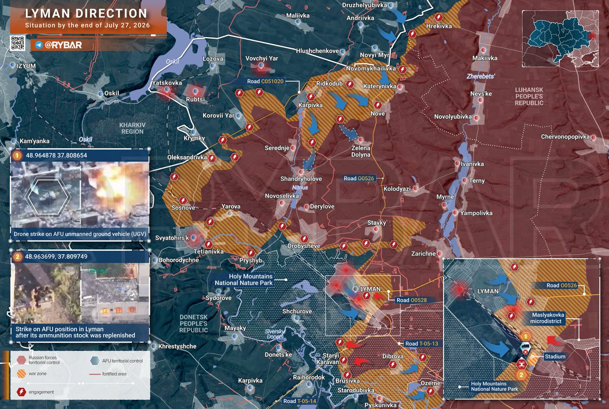 Ukrainene's tweet photo. Even pro-Russian sources can't hide the truth: The AFU is storming Lyman.

Rybar’s latest map confirms a massive Ukrainian pincer movement. 🇺🇦 units have penetrated the city limits (Maslyakovka district) while cutting off key Russian supply routes. The initiative is firmly in  🇺🇦 https://t.co/Qy9aPNvG7w