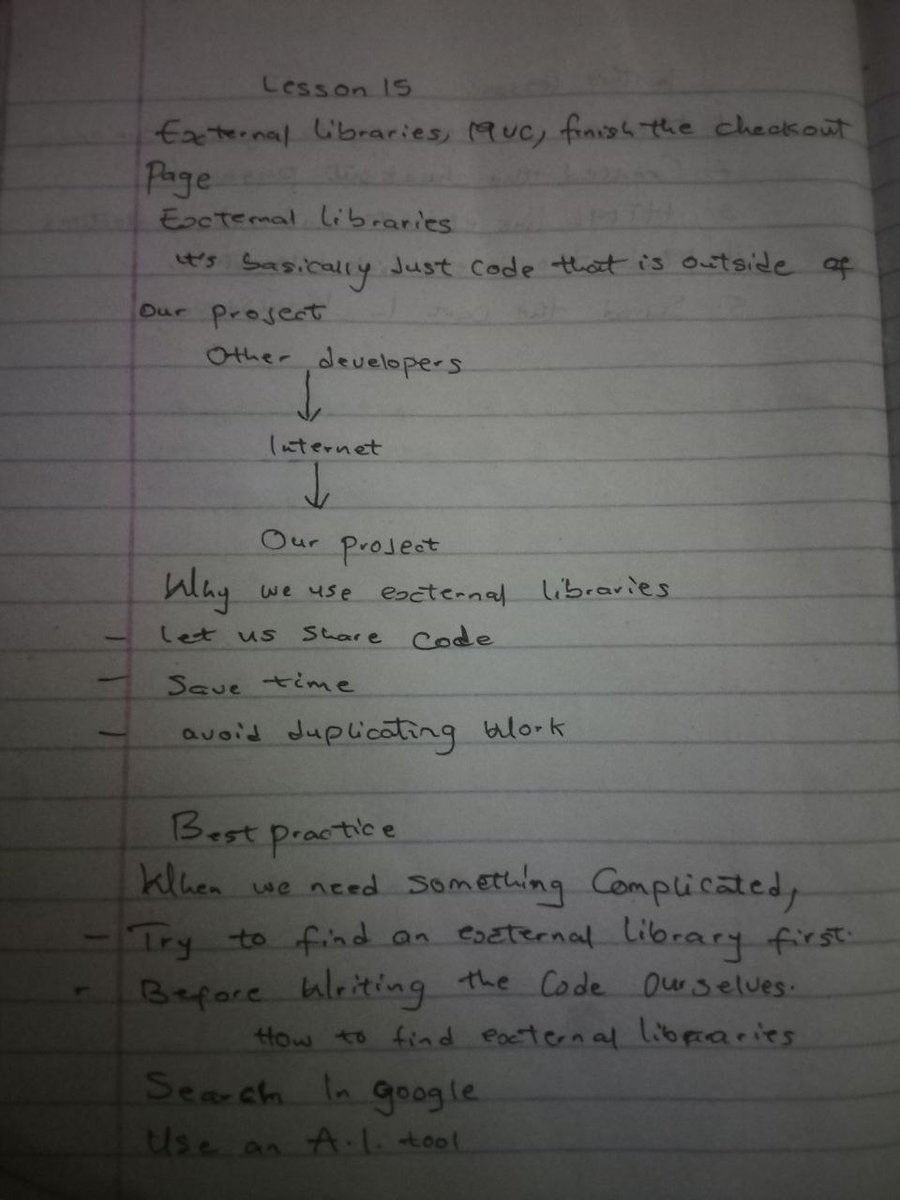 Itsdanagain2's tweet photo. 🚀 Day 15 — My Journey to Becoming a Frontend Software Developer

Another day of learning, another step closer to becoming the frontend developer I aspire to be. Today, I learned about External Libraries and the MVC (Model-View-Controller) architecture while continuing to improve my JavaScript skills and work on my Amazon project.

Today's lesson was especially interesting because I started learning how developers can use code written by others through external libraries and how to organize larger projects using different architectural patterns.

📚 What I Learned Today

🔹 1. External Libraries

I learned that external libraries are collections of code created outside of our own project that we can use to add useful functionality without having to build everything from scratch.

This showed me how developers can save time and make their code more efficient by using reliable tools created by other developers.

🔹 2. Using DayJS

I was introduced to DayJS, an external JavaScript library that makes it easier to work with dates and times.

I learned how to use DayJS to:

• Get the current date.
• Add days to a date.
• Add or subtract months.
• Format dates in different ways.
• Get the day of the week from a date.

🔹 3. External Libraries + JavaScript Modules

I learned how external libraries can be used together with JavaScript Modules.

I also learned about "default export" and how to export a function from one JavaScript file and import it into another file.

This helped me understand how developers can organize their code into separate files while still being able to reuse functions across a project.

🔹 4. Created the Delivery Section

As part of improving my Amazon project, I created the delivery section of the checkout page.

This helped me understand how different parts of a real-world e-commerce website can be built and organized using JavaScript, HTML, and CSS.

🔹 5. MVC — Model, View, Controller

I was introduced to the MVC architecture, which stands for:

• Model — Handles the data and information used by the application.
• View — Handles what the user sees on the page.
• Controller — Handles the logic and connects the Model and View together.

Learning about MVC helped me understand the importance of organizing code properly, especially as applications become larger and more complex.

🔹 6. Created the Payment Section

I also created the payment section of the Amazon project.

This gave me more practical experience working on a real-world e-commerce checkout page and helped me understand how different sections of an application can work together.

📝 Exercises Completed

To reinforce today's lesson, I completed the External Libraries and MVC exercises.

✅ Used DayJS to calculate the date 5 days after today and displayed it in the required format.

✅ Used DayJS to calculate 1 month after today's date.

✅ Used the ".subtract()" method to calculate 1 month before today's date.

✅ Used DayJS to get and display the day of the week, such as Monday, Tuesday, or Wednesday.

✅ Created an "isWeekend(date)" function that checks whether a given date is Saturday or Sunday.

✅ Tested the "isWeekend()" function with different dates.

✅ Moved the "isWeekend()" function into a separate JavaScript file.

✅ Used "export default" to export the function and imported it into another file.

✅ Learned that a default export can be renamed when importing it. For example, I changed "isWeekend" to "isSatSun" when importing and used the new name to run the function.

🔹 7. Improved the Amazon Project

I also worked on improving the functionality of my Amazon project.

Instead of directly using the DOM to delete a product from the cart and update the page, I learned how to regenerate the HTML for the order summary.

I also improved the payment summary so that the item quantity displayed on the page is no longer a fixed number.

The cart quantity is now connected to the actual number of items in the cart and updates whenever the cart changes.

💡 What I Took Away From Today's Lesson

Today's lesson helped me understand that building real-world applications isn't just about writing JavaScript code. It's also about knowing how to organize code, reuse functionality, work with external tools, and structure applications in a way that makes them easier to maintain.

I'm beginning to see how concepts like JavaScript Modules, external libraries, and MVC can help developers manage larger projects and write cleaner, more organized code.

Every lesson is bringing me one step closer to my goal of becoming a skilled Frontend Software Developer who can build modern, interactive, and real-world applications.

I'm staying consistent, practicing what I learn, and documenting the journey publicly. The goal is not just to finish a JavaScript course, but to truly understand the skills I'm learning and use them to build useful software.

Day 15 ✅

The journey continues. On to Day 16. 💻🔥

#BuildInPublic #JavaScript #FrontendDevelopment #SoftwareDeveloper #100DaysOfCode #CodingJourney #LearnInPublic #WebDevelopment #DayJS #MVC