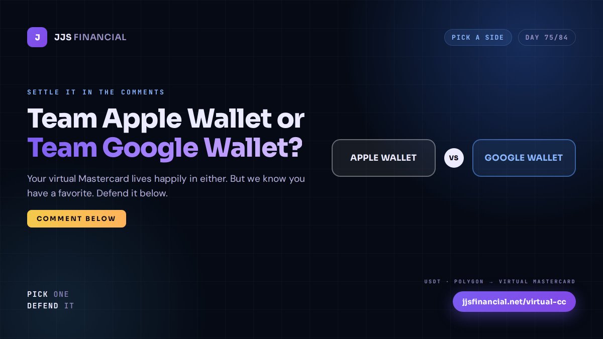 jjs_global's tweet photo. Team Apple Wallet or Team Google Wallet?

Your virtual Mastercard lives happily in either. But we know you have a favorite.

Defend it. 👇 

#AppleWallet #GoogleWallet https://t.co/6N9ff5zHMd