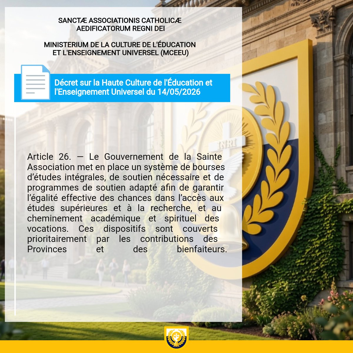 mceeu_acbrd's tweet photo. _
SYSTÈME ÉDUCATIF DE LA SAINTE ASSOCIATION

📄 Décret disponible dans le Pandectae Altae Culturae Educationis et Magisterii Universalis. Lecture et lien de téléchargement ➡️ https://t.co/IpXOo3KiDT https://t.co/RzI7ILzsCL