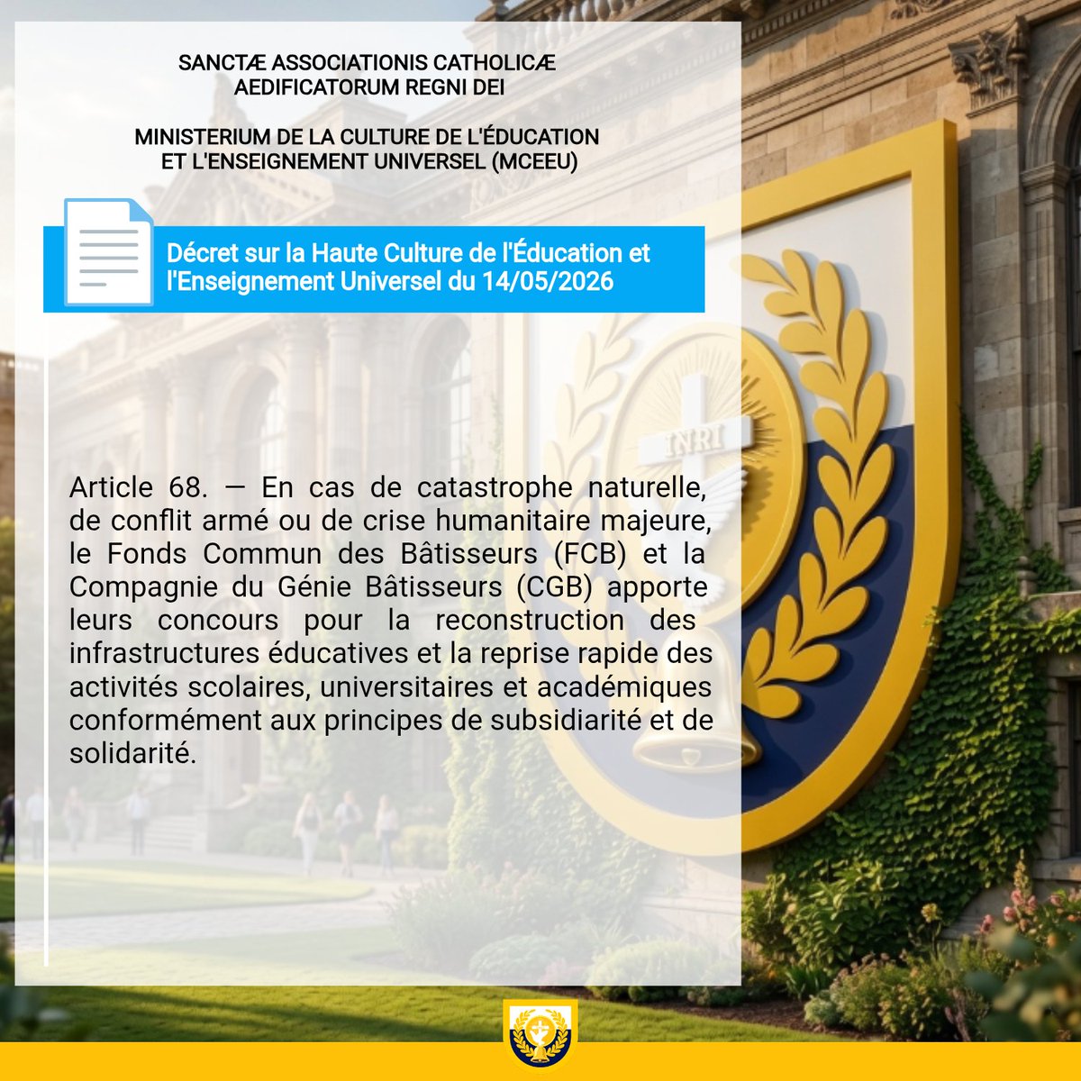 mceeu_acbrd's tweet photo. _
SYSTÈME ÉDUCATIF DE LA SAINTE ASSOCIATION

📄 Décret disponible dans le Pandectae Altae Culturae Educationis et Magisterii Universalis. Lecture et lien de téléchargement ➡️ https://t.co/IpXOo3KiDT https://t.co/zyc74sP8sM