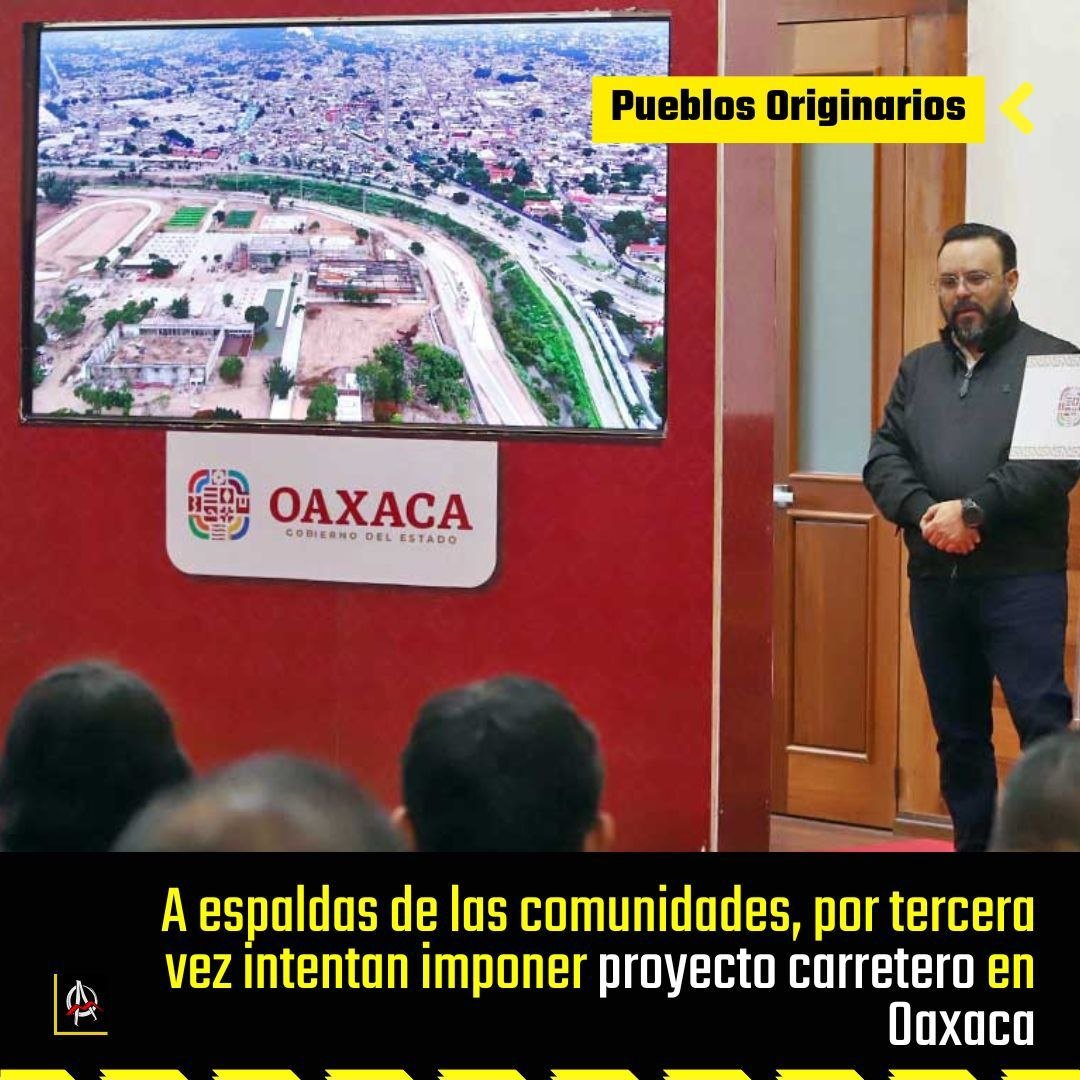 Avispa_Midia's tweet photo. Por tercera vez intentan imponer el Libramiento Sur en Oaxaca, un proyecto vinculado al despojo y rechazado desde hace quince años por comunidades zapotecas y mixtecas de la región

👉 https://t.co/L2Swh7ZbiJ 🐝

#Oaxaca #CorredorBinniza https://t.co/zMCd0lEEAD