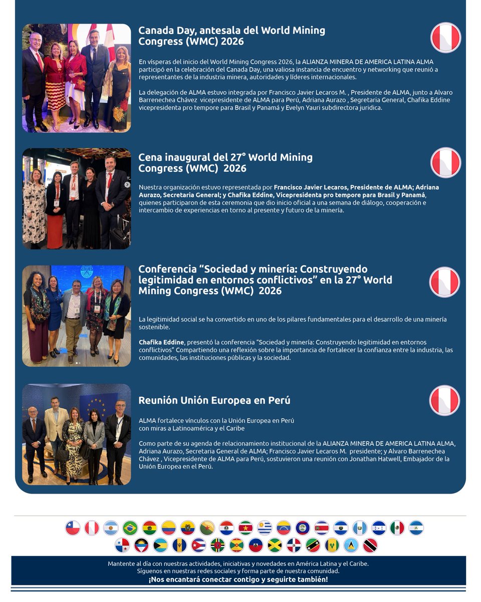 almalatam's tweet photo. ALMA CONECTA | NUEVO INFORMATIVO 🌎
Desde la ALIANZA MINERA DE AMERICA LATINA ALMA presentamos una nueva edición de ALMA Conecta 📃, nuestro espacio informativo que reúne los principales hitos, actividades y avances de nuestra organización en América Latina y el Caribe.🌎 https://t.co/VEnKuWZ2KW