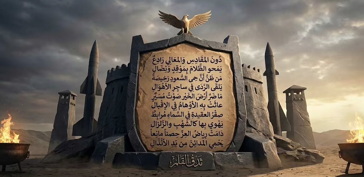 Thdqalqalam's tweet photo. #ثدق_القلم  @modgovksa 
@pss_ar 

الله يحفظ بلادنا من كيد كل حاسد وحاقد ويرد كيدهم في نحورهم ويعز ولاة امرنا  ويديم علينا نعمة الأمن والأمان في ظل قيادتنا الرشيده.

دُونَ المَقَادِسِ وَالمَعَالِي رَادِعٌ
يَمْحُو الظَّلَامَ بِمَوْقِدٍ وَنِضَالِ

مَنْ ظَنَّ أَنَّ حِمَى السُّعُودِ رَخِيصَةٌ
يَلْقَى الرَّدَى فِي سَاجِرِ الأَهْوَالِ

مَا ضَرَّ أَرْضَ الخَيْرِ صَوْتُ مُسَيَّرٍ
عَاثَتْ بِهِ الأَوْهَامُ فِي الإِقْبَالِ

صَقْرُ العَقِيدَةِ فِي السَّمَاءِ مُرَابِطٌ
يَهْوِي بِهَا كَالشُّهْبِ وَالزِّلْزَالِ

دَامَتْ رِيَاضُ العِزِّ حِصْناً مَانِعاً
يَحْمِي المَدَائِنَ مِنْ يَدِ الأَنْذَالِ

ثَدْقُ الْقَلَمْ