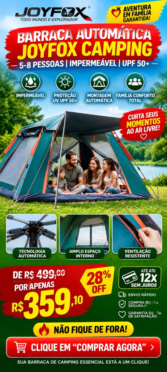 achadinhostom's tweet photo. 🏕️⛺ A aventura perfeita começa aqui! Barraca Automática Joyfox para 5 a 8 pessoas, impermeável, proteção UPF 50+ e montagem em segundos. 🔥
💥 De R$ 499,00 por R$ 359,10!
👉 Garanta a sua antes que acabe! Clique no link.👇
👉https://t.co/4rivnuH1N3

#Camping #Barraca #Promoção https://t.co/ewBP9MfJ9U