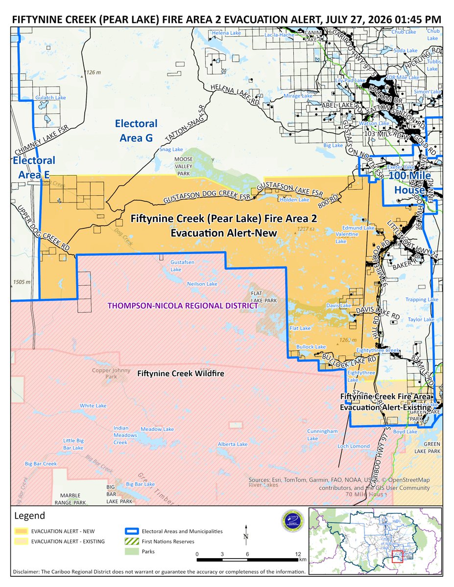 CaribooRD's tweet photo. #CaribooRDhas issued an Evacuation Alert for Fiftynine Creek (Pear Lake) Fire Area 2. Visit https://t.co/Z2752TVIhU use the interactive map to check if your address is included in the evacuation alert. #CaribooFires #BCwildfire https://t.co/mljFoGj0Yl