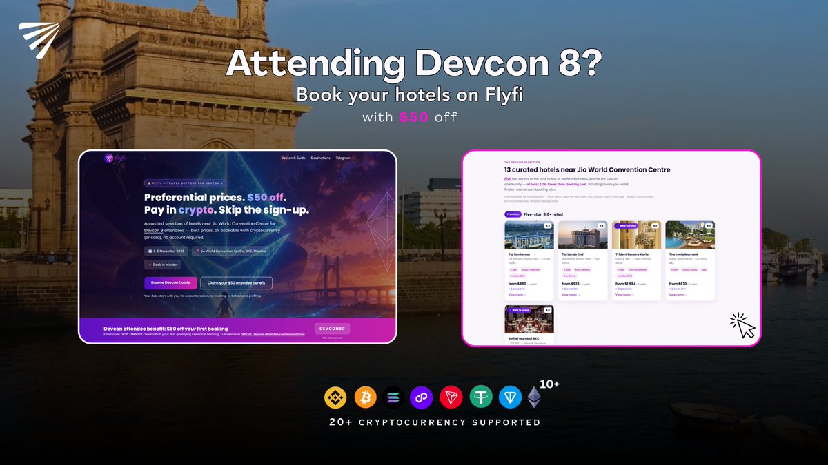 flyfitravel's tweet photo. Devcon 8 is coming to Mumbai 🇮🇳

we've put together a curated selection of hotels near the Jio World Convention Centre for everyone heading to Devcon.

pay with crypto or card, no account required.

and qualifying first bookings get $50 off with code DEVCON50.

Mumbai is calling 👀