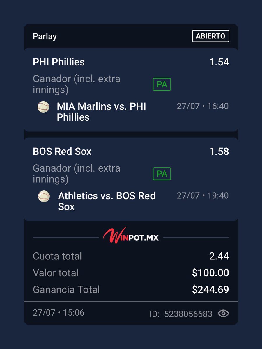 MrWinnerTipster's tweet photo. Vamos a retomar nuestro reto escalera semanal, para el paso 1 vamos con dos partidos de MLB 

Paso 1
Phillies ML + Red Sox ML 
Momio 2.44 
100 MXN https://t.co/s1JuERQRnQ