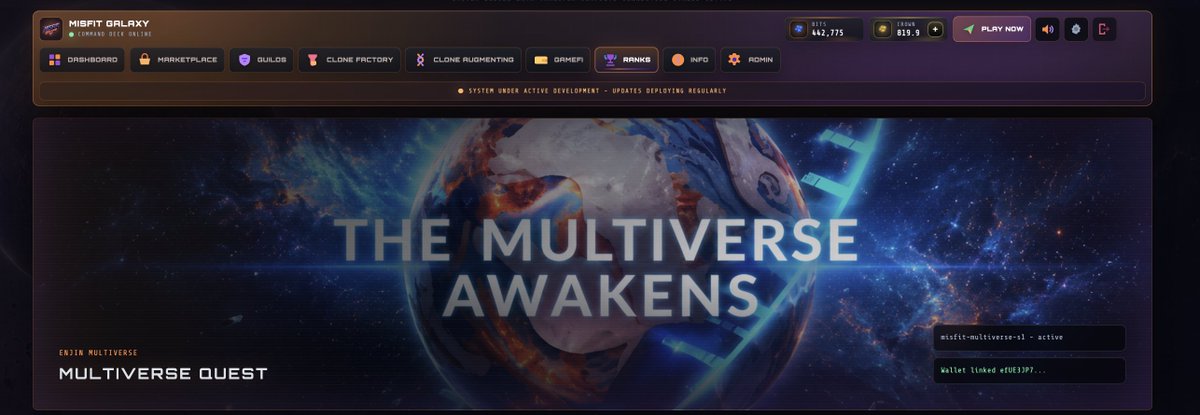misfitgalaxymmo's tweet photo. Misfit Galaxy is entering the Enjin Multiverse Quest for the first time.

Misift Galaxy Event starts tomorrow at 8 PM Central.

Earn up to 180 Enjin Essence through dailies, Port Contracts, Crelyte, Telemetry, Steel Wasp Components, and Clone Stat Capsules.

Plus, we’re celebrating with a 60,000 $ENJ Misfit leaderboard prize pool for the top 50 players.

Official Enjin Multiverse Quest rewards + our own 60,000 ENJ competition.

Link your self-custody Enjin wallet and get ready.