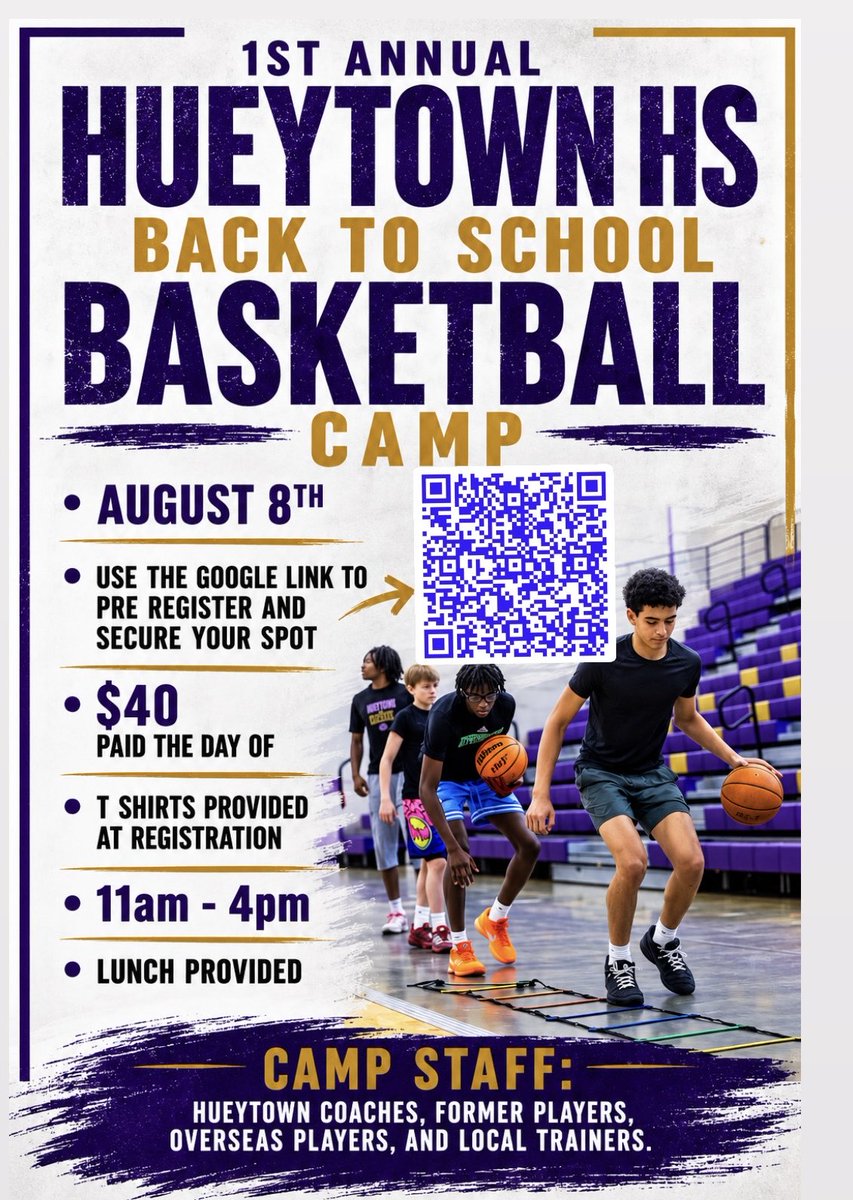 HYTGeaux4Hoops's tweet photo. 1st Annual Hueytown Back to School Basketball Camp. San the QR Code to pre register. 
#USB4Me #BCW #NewEra #GeauxGophers 💛💜 https://t.co/wgcTdJC5KO