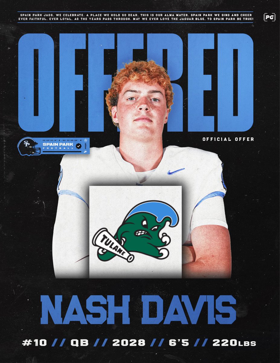 SpainParkFB's tweet photo. Jag Nation… Congrats go out to our 28 QB Nash Davis for earning an offer from Tulane! So proud of the work you’ve put in to be the guy, let’s have some fun this fall!
#SPFootball 
#Real https://t.co/zrukBWvWMc