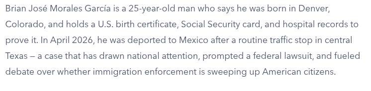TheWarMonitor's tweet photo. A 25-year-old U.S. citizen was deported to Mexico by ICE after a traffic stop in Texas. His attorney says he had a U.S. birth certificate, Social Security card, and hospital records proving his citizenship, but agents refused to review them before deporting him. https://t.co/gC3hTPaTL8