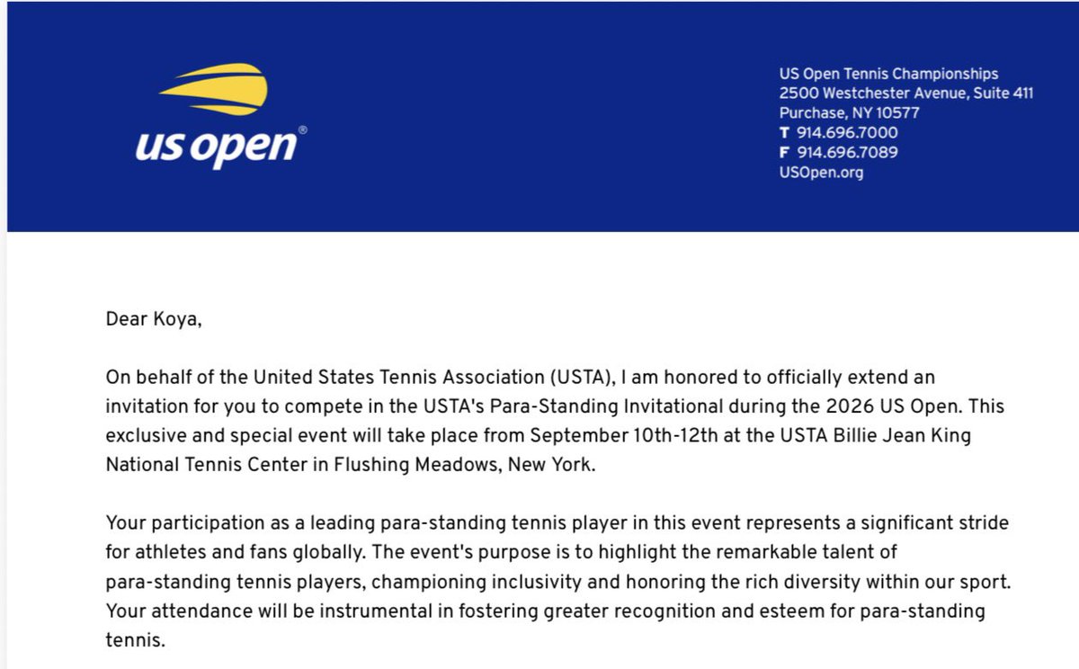 choko012911's tweet photo. I’m excited and truly honored to be invited back to compete at the US Open this year. 
It’s a privilege to once again be part of an event that showcases Para Standing Tennis on such a big stage. 
I can’t wait to get back on court in New York! 🇯🇵🎾

#parastandingtennis
#yonex https://t.co/4s6sMLaQPg